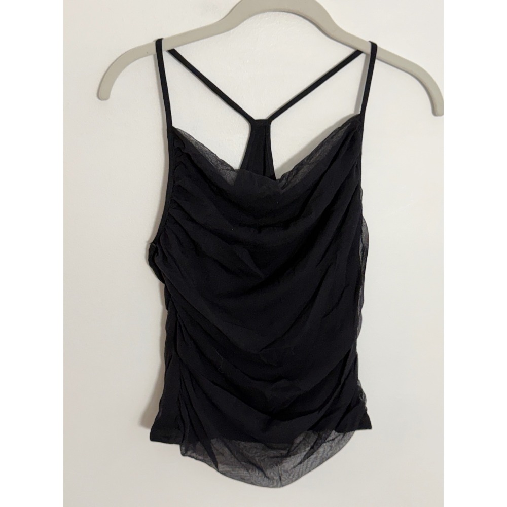 Anthropologie Black Mesh Cowl Neck Ruched T-Back Camisole Top Size Medium Womens